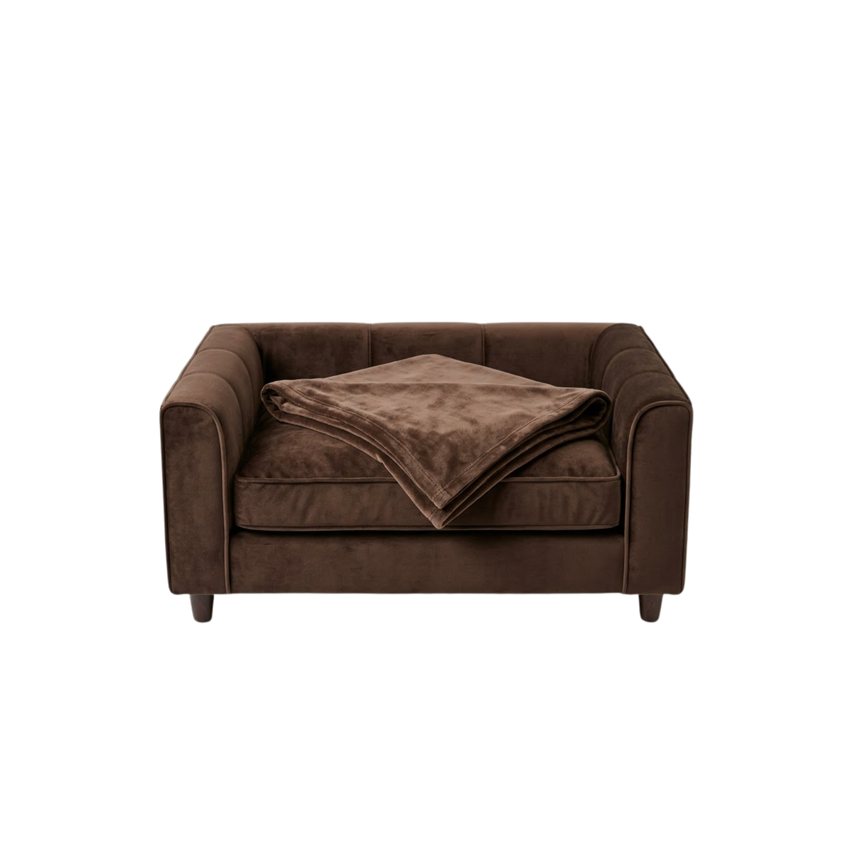 Brown Velvet Sofa Bed with Fold-Out Blanket