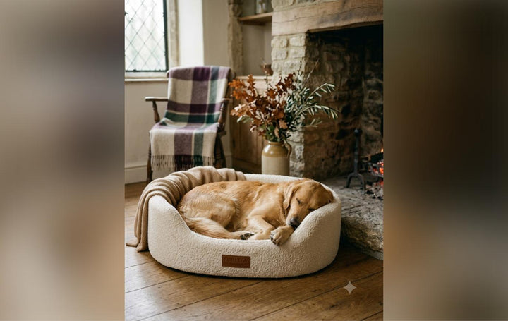 Golden retriever asleep in a cream bolster dog bed beside a country fireplace