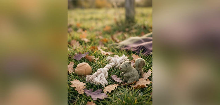 Plush dog toys scattered on autumn leaves in a garden