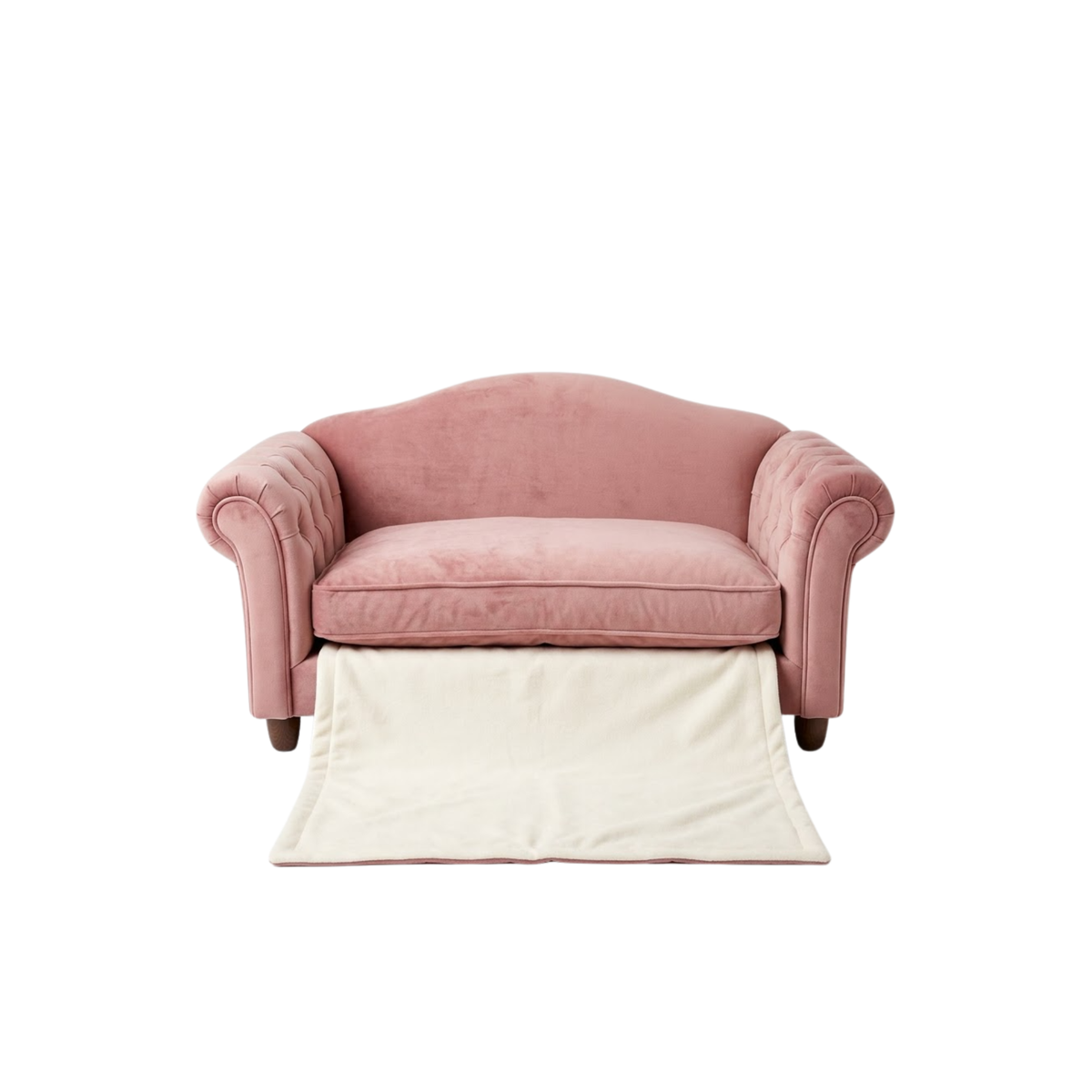 Pink Velvet Sofa Bed with Fold-Out Blanket