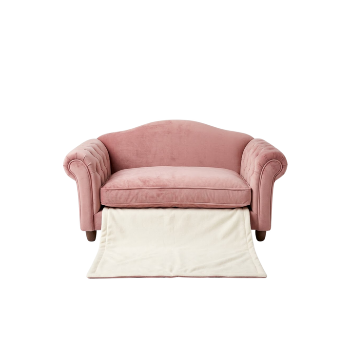 Pink Velvet Sofa Bed with Fold-Out Blanket