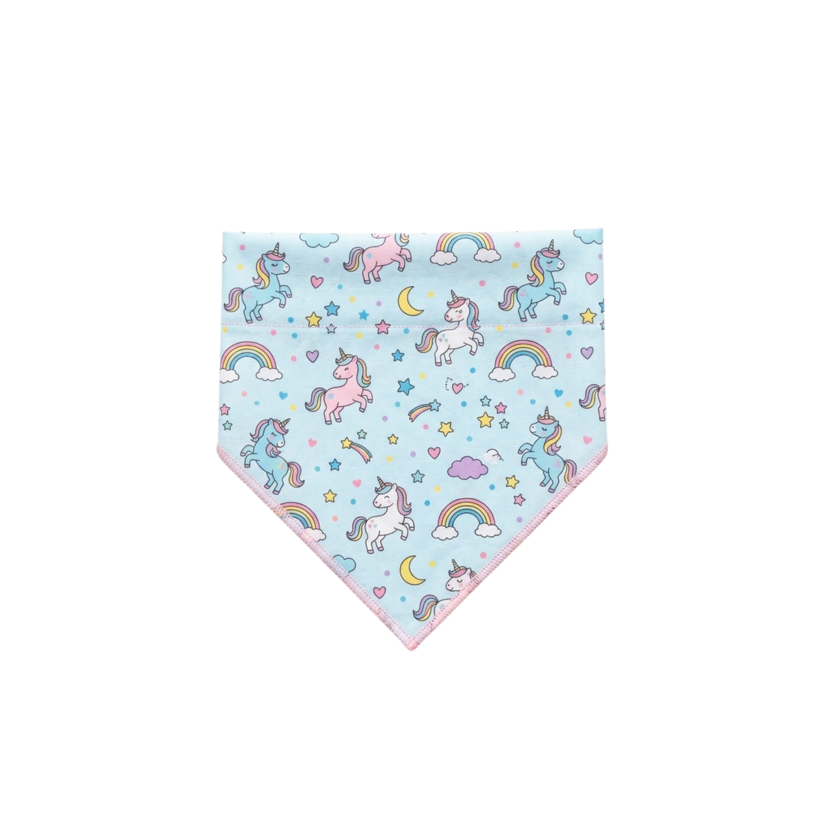 Furlow Unicorn Pet Bandana — light blue triangular bandana with unicorn, rainbow, and star print for dogs and cats