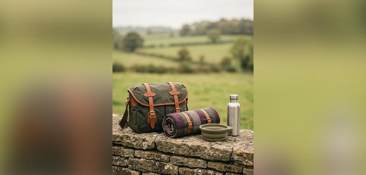 Canvas dog walking bag and flask on a stone wall overlooking green fields